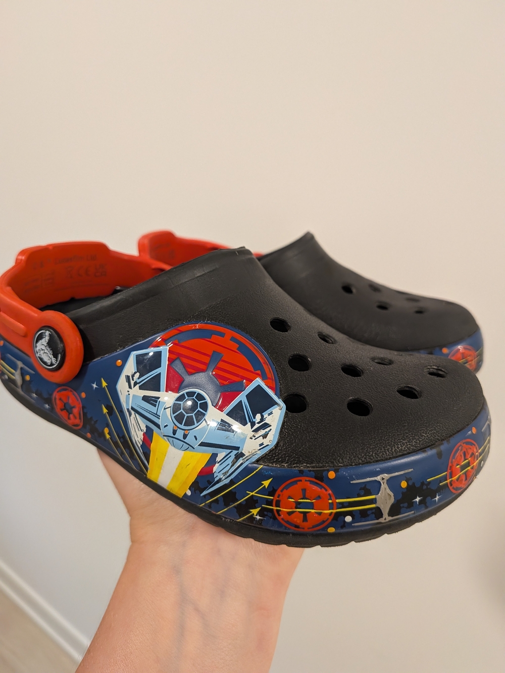 CROCS Kids Black Clogs with Red Strap and Space Graphics